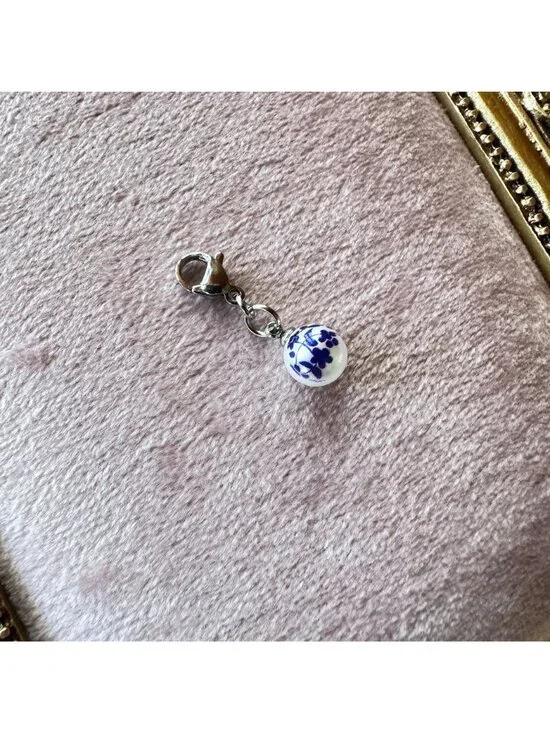 White Glass Pearl Charm With Blue Floral Print & Stainless Steel Lobster Clasp - Picture 8 of 10